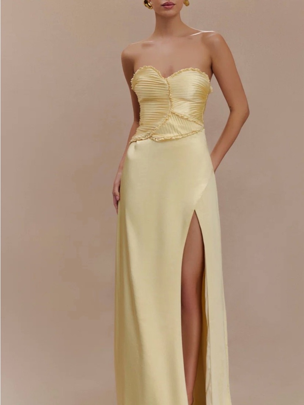 Meshki Yellow Strapless Maxi Dress with High Slit